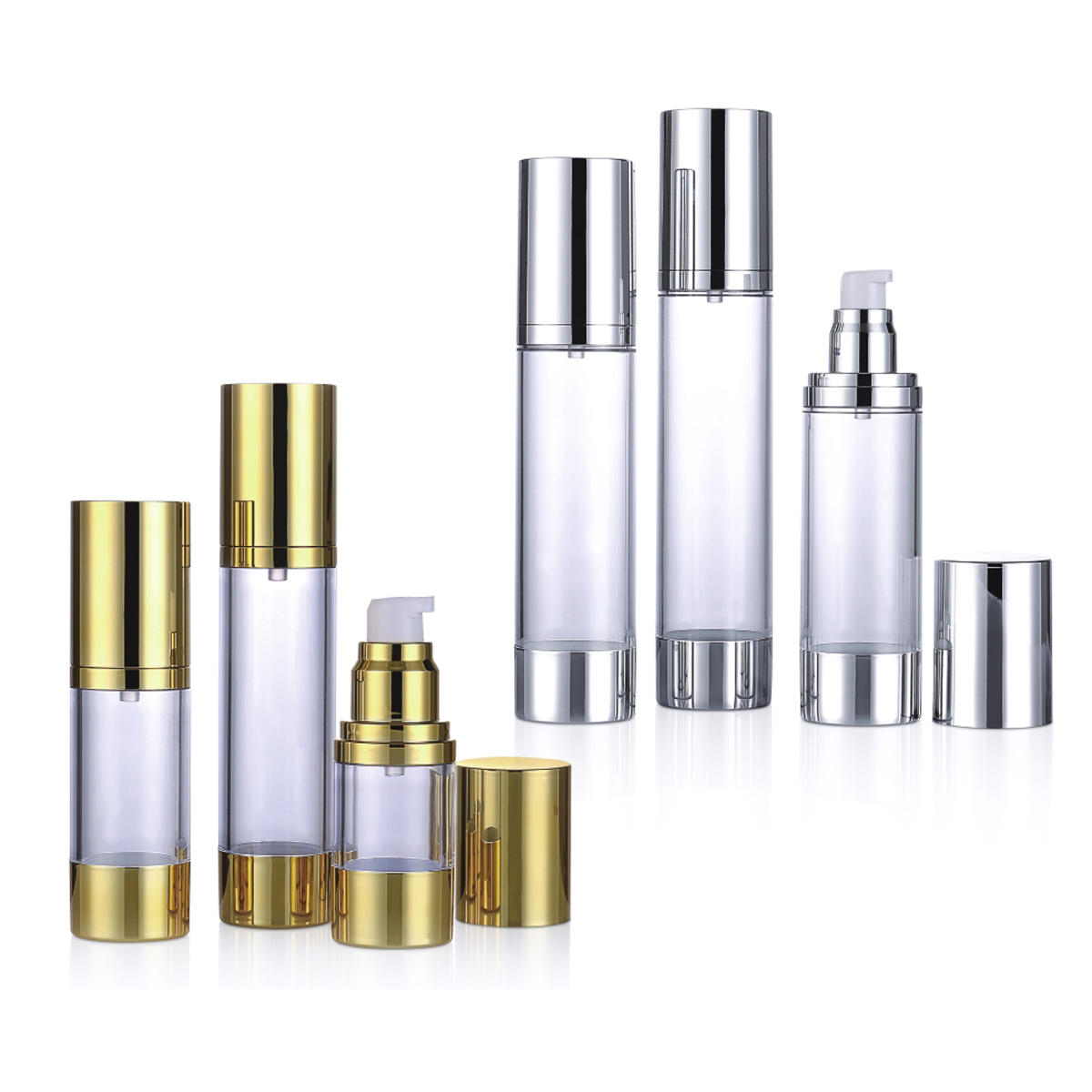 15ml 30ml 50ml 80ml 100 ml 120mlシルバーカスタムラベルローションエッセンシャルオイルポンプミストスプレーパッケージ化粧品エアレスボトルL04