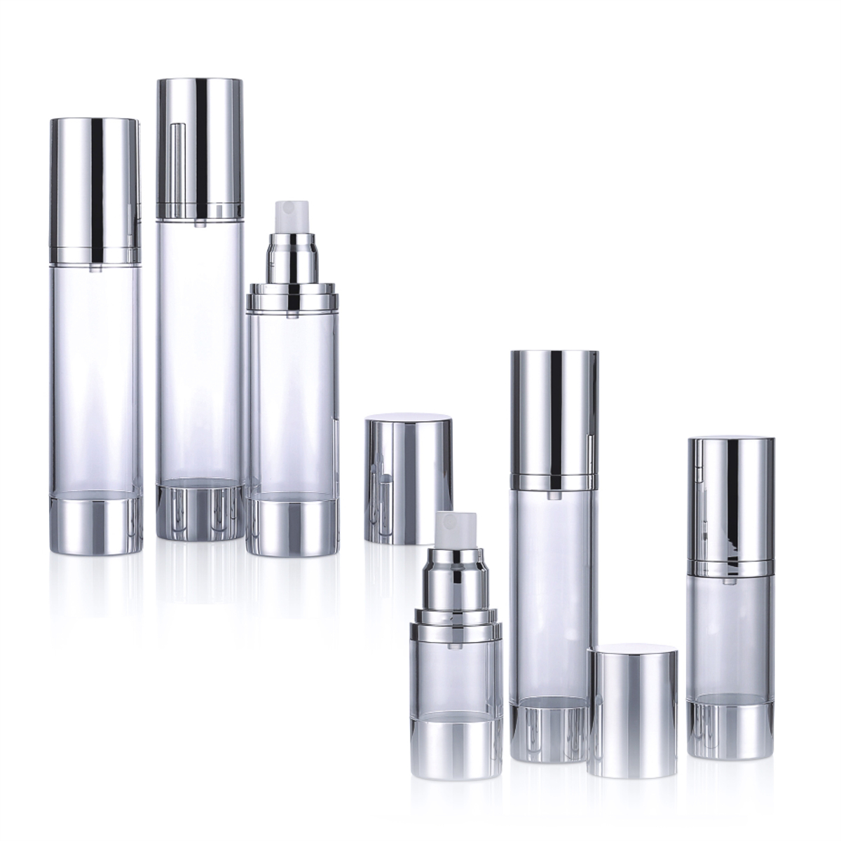 15ml 30ml 50ml 80ml 100ml 120ml非流出豪華な透明な透明なコスメチックエアレスローションポンプボトル付きシルバーキャップL04