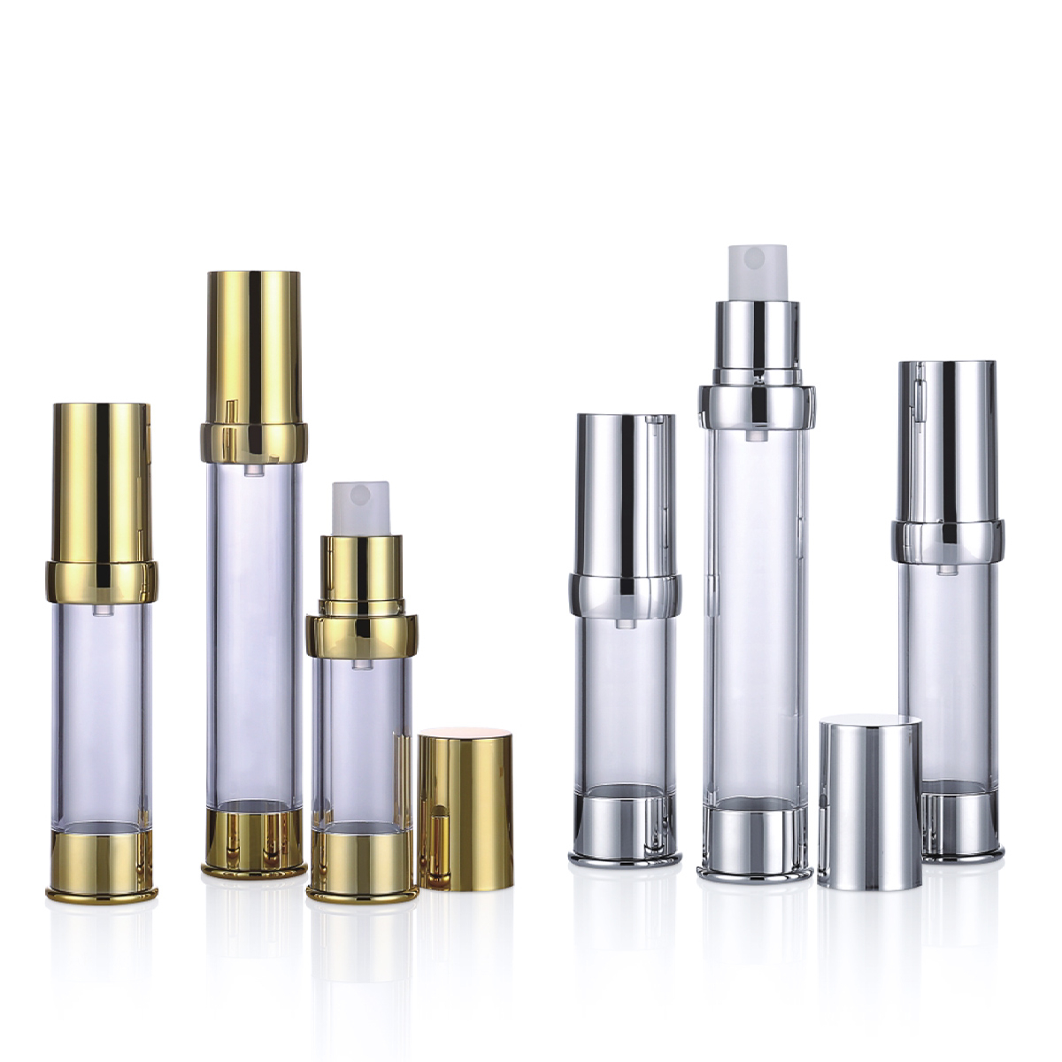 15ml 20ml 30ml 50mlミニシャイニーゴールド/シルバーエアレスポンプスプレーローションボトルL08